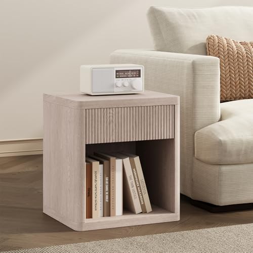 Image of OLIXIS Set of 2 Modern Nightstand, 22.7 inch Fluted Drawer Wood Bedside Table | Compact white oak nightstand with drawer & open shelf, sturdy multi-use end table for bedroom, sofa side table, entryway