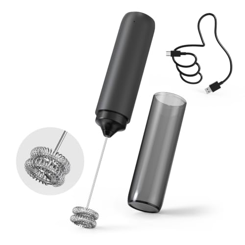 BONACHEF Rechargeable Milk Frother Hanheld with Double-Ring Spring Whisk, Electric Coffee Frother, Portable Hand Frother Wand Drink Mixer for Matcha Lattes Cappuccino, Black