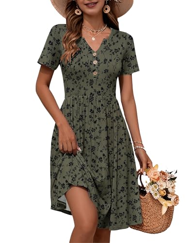 Image of WNEEDU Women V Neck Button Down Empire Waist Midi Summer Dress with Pockets