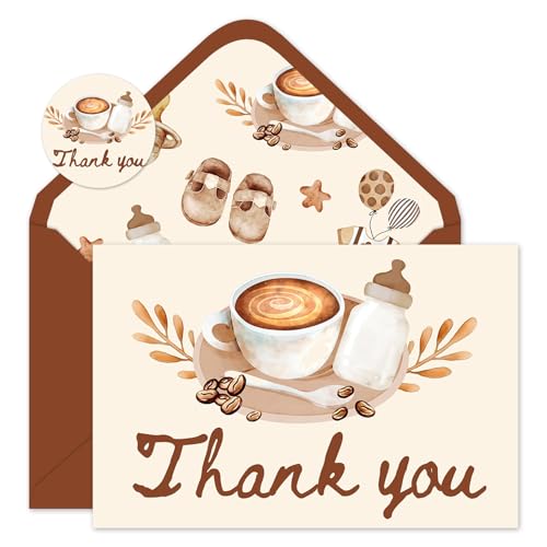 JarThenaAMCS 24 Pack A Baby Is Brewing Thank You Cards Blank Greeting Cards With Envelopes Stickers Brown Coffee Baby Shower Note Card for Party Supplies