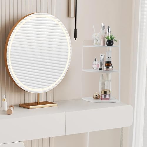 Image of 3 Tier Corner Bathroom Counter Organizer, Countertop Organizer, Makeup Organizer Countertop, Bathroom Storage Sink Shelf, Wooden and Metal Counter Shelf (Large Capacity-White)