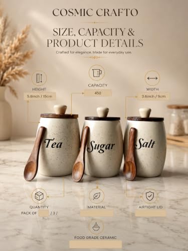 Image of Ceramic Airtight Tea Coffee Salt Canister Set of 3 (Dholak Spoon)