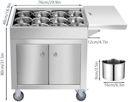 Commercial Stainless Steel Sandwich Salad Prep Table, Mobile Condiment Display Rack, Multi-Function Ingredient Station for Restaurants, Food Prep Equipment (Silver-A)