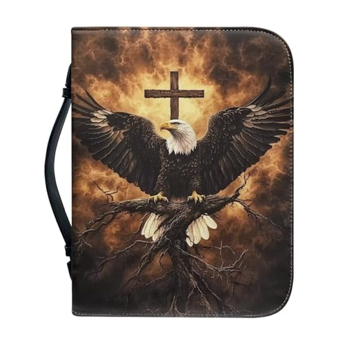Sellikakes Eagle Cross Bible Cover Case for Women Men, Waterproof Portable PU Leather Church Tote Bag Bible Handbag with Zipper and Handle