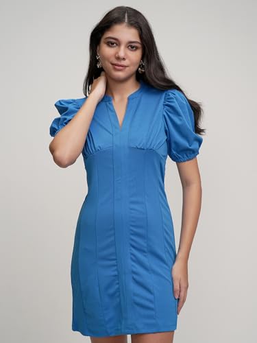 Image of Tokyo Talkies Womens Chic Short Puff Sleeve Bodycon Dress | Figure-Hugging Silhouette for Effortless Elegance | Dress for Women | Women Dress | Stylish Women Dress
