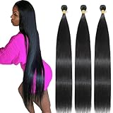 NROOEAY Brazilian Virgin Hair Straight 3 Bundles 32 34 36 Inch Long Straight Human Hair Weave Bundles Unprocessed Brazilian Straight Hair Long Straight Hair Human Extensions Natural Black