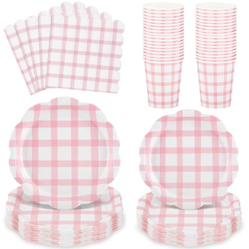 NatNarr Lot de 96 pièces de vaisselle de fête, bols en carton rose avec bord ondulé, assiettes en carton pour 24 personnes, parfait pour les anniversaires, mariages, goûters, pique-niques