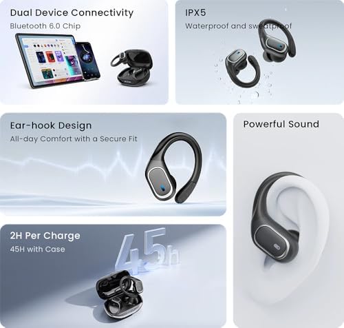 Wireless Earbuds, Over the Ear Headphones with Bluetooth Headphones Over the Ear, 45H Playtime, IPX5 Waterproof, Digital Noise Reduction for All-Day Comfort, InRun image 5