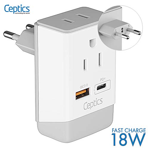 European Travel Power Plug Adapter QC 3.0 & PD by Ceptics, Safe Dual