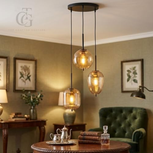 Image of Decorative Glass Pendant Lights|Perfect for Kitchen, Dining Room, Cafe or Living Room Lighting|Set of 3 Elegant Ribbed Amber-Glass Shades