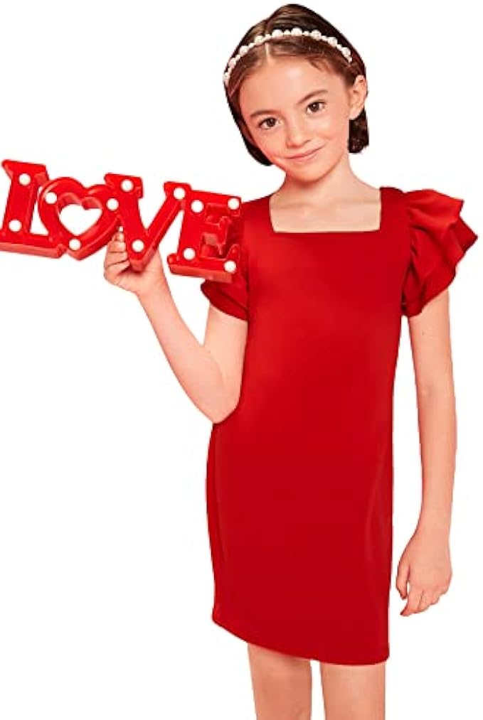 WDIRARA Girl's Layered Ruffle Cap Sleeve Square Neck Cute Party Birthday Mini Dress