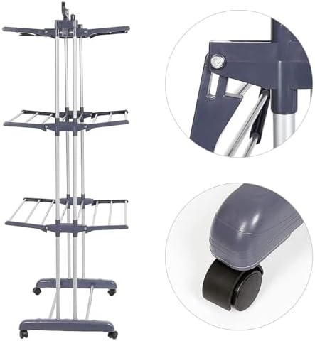 Airer Clothes Drying Rack, 4-Tier Foldable Clothes Hanger Tall Clothes Airer, Standing Metal Garment Laundry Racks with Casters for Indoor Outdoor,Blue(Gray)