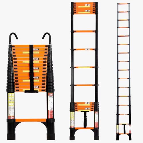 BOWEITI Escalera telescópica de 15.5 pies, Escalera Plegable de Aluminio con estabilizadores Triangulares y Ganchos Desmontables, Escalera telescópica compacta Ligera para RV, hogar, Escalera de