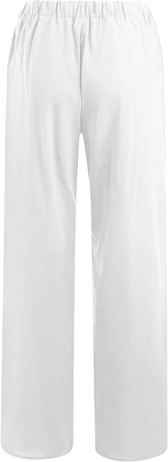 Lmdudan 2 Pc Cotton Linen Pants for Women Beach Pant Plus Size Wide Leg Sweatpants 2025 Summer Cropped Elastic Waist Trousers