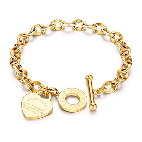 ALEXTINA Dainty 18k Gold Plated Heart Bracelets for Women Stainless Steel Oval Chain Wristband Gift for Mom Toggle Clasp Gold 7" Cover