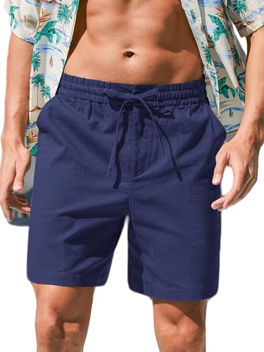 Image of RQP Mens Cotton Linen Shorts Casual Drawstring 7inch Inseam Shorts Stretch Summer Beach Wear