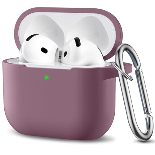 Ouwegaga Compatible for AirPods 4th Generation Case 2024- Full Body Protective Shock-Resistant Silicone Case Cover Compatible with Apple AirPod 4 Case, Front LED Visible, With Carabiner, SmokyViolet