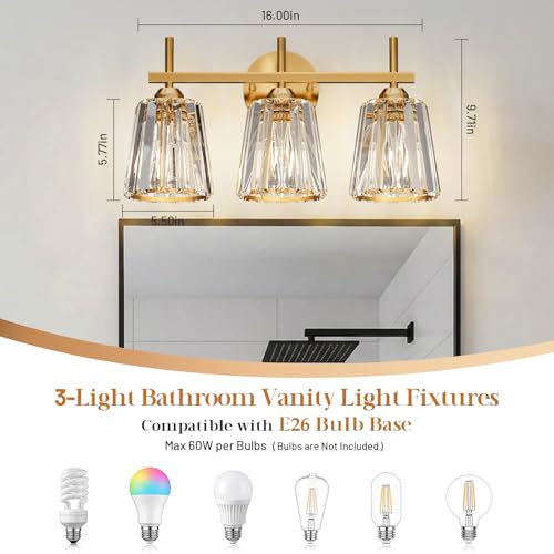 Image of Crystal Bathroom Light Fixtures Over Mirror, Gold 3-Light Bathroom Vanity Lights Over Mirror Modern Wall Lighting Sconces with Ceramic E26 Base (Bulbs Not Include)