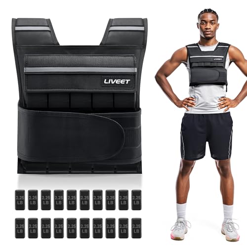 Liveet Adjustable Weighted Vest for Men Women, 45lb Weight Vest with 20 Removable Weights, Heavy Duty Running Vest with Reflective Strips for Walking Strength Training Calisthenics