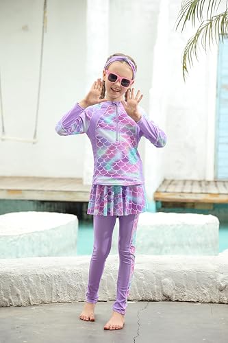 Image of Girls Long Sleeve Rashguard Half Zip Swimsuits UPF 50+ Two Piece Swim Sets with Hairband 5-12Y | Two Piece Swim Sets with Hairband