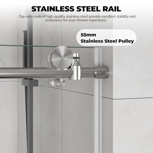 Image of 44-48 inch W x 76 inch H Frameless Sliding Shower Door, 5 /16 inch (8mm) Tempered Glass with Explosion-Proof Film & Easy-Clean Coating, Brushed Nickel Bypass Shower Door with Seal Strip