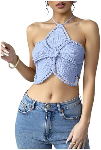 Milumia Women's Floral Crochet Beach Halter Top Y2k Tie Back Holl...