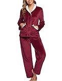 Abollria Pijamas Mujer Invierno Franela Conjunto de Pijama para Mujer,Botones Largo Mangas Larga Pantalones Ropa de Casa 2 Piezas
