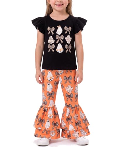 Image of Unique Baby 2 Piece Girls Double Bell Bottom Leggings Outfit with Short Sleeved Shirt Kid and Toddler Clothes Set