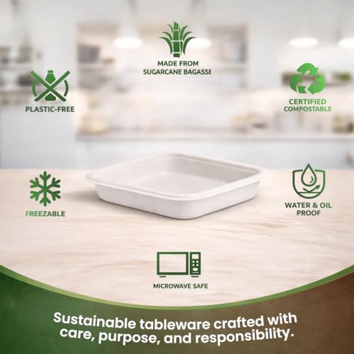 Image of Eco Aaroyaa Bagasse Square DIsposable Plates - 6 inch - Eco-Friendly Biodegradable plates - Oil & Water Resistant use and throw plates for Snacks, Starters, Desserts & Parties (Pack of 50)