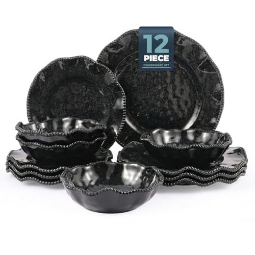 Image of Melamine Dinnerware Sets Service for 4, Black Plates and Bowls Set with Beaded Edge, BPA Free Dishwasher Safe, Heavy Duty Shatterproof Unbreakable Tableware for Hallowmas Party Camping Outdoor