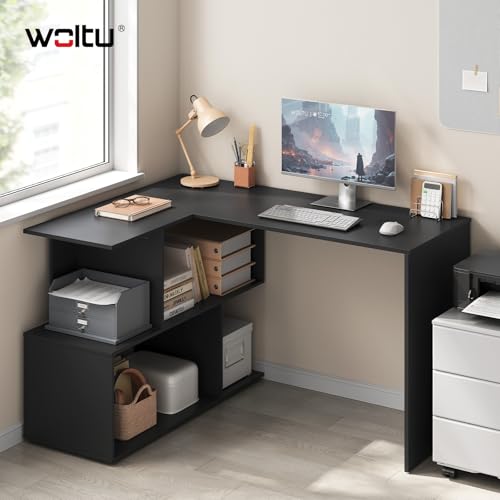 WOLTU Scrivania Angolare, 120x100 cm Scrivania a Forma di L con Libreria, Nero, per Computer, Tavolo da Lavoro, Studio and Soggiorno - Immagine 1