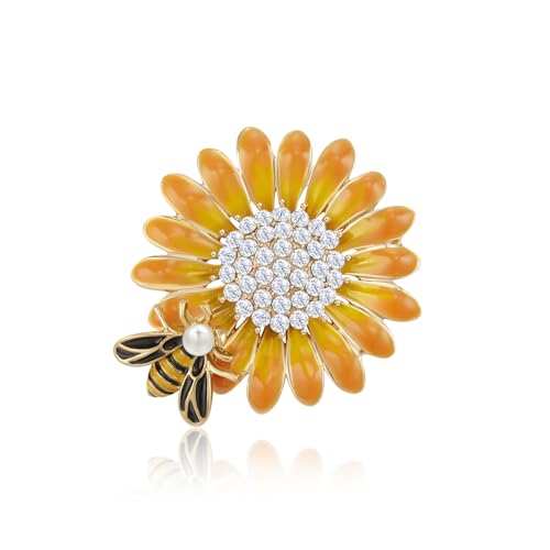 Image of YOQUCOL Sunflower Honeybee Bee Brooch Pin with Bright Austrian Cubic Zirconia Crystal For Women