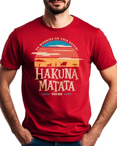 Image of Hakuna Matata Tours Character Unisex T-Shirt|Cartoon Vintage Graphic Tee|Perfect for Vacation & Casual Wear (3XL, Solid Red Blend)