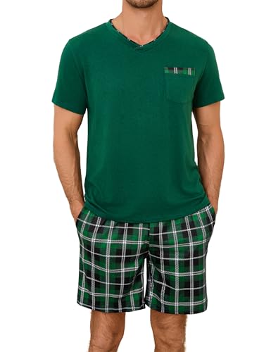 Leversic Pijamas de Verano Hombre 2 Piezas Corto Conjunto de Pijama a Cuadros con Cuello en V Cortos para Dormir con Bolsillos S-3XL(Verde Oscuro,4XL)
