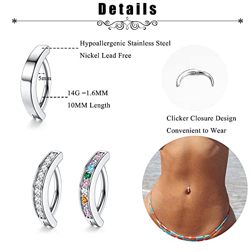Fiasaso 3Pcs 14G Belly Button Ring For Women 316L Surgical Steel Cz Opal Belly Ring Simple Reverse Navel Rings Body Jewelry Style C: Rainbow Cz #TOP2