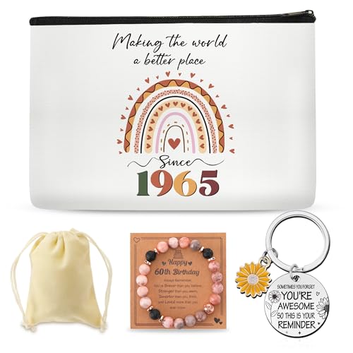 SEAOYOZO 60th Birthday Gifts for women, 1965 60 Year Old Birthday Decorations Makeup Bag with Natural Stone Bracelet and Keychain, Gift Ideas for Woman, Her, Grandma, Mom, Wife, Sister, Teacher
