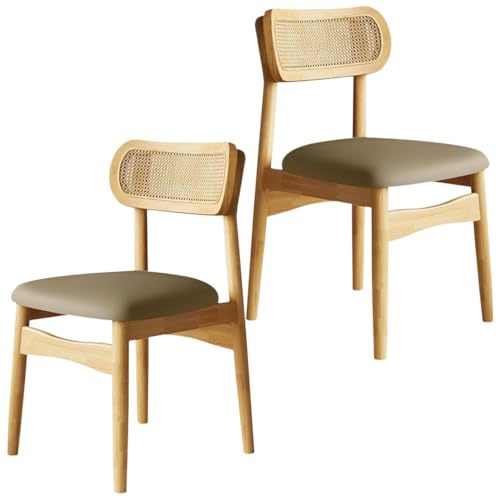 Juego de 2 sillas de comedor de madera maciza, sillas de cocina tapizadas sin reposabrazos con respaldo de ratán, cómodas sillas laterales para sala de estar, restaurante, dormitorio (madera + caqui)