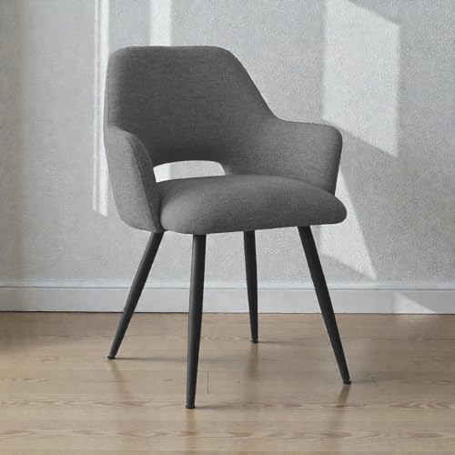 Image of Finch Fox Motel Luxurious Home Collection Upholstery Fabric Arm Dining Room Chairs in Dark Gery Color with Black Metal Powder Coated Legs (Set of 4)