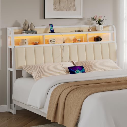 King Size Headboard with Outlets, Upholstered Ergonomic...