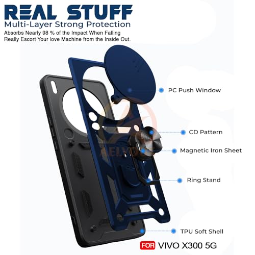 Image of Armor Bumper Back Cover Case for Vivo X300 5G Rotating Camera Cover, Ring Holder & Kickstand | Heavy Duty & 360 Degree Protection Vivo X300 5G Back Cover (Blue)