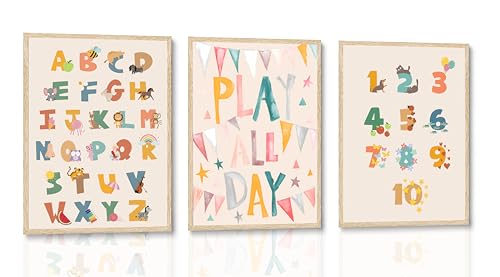 Burshley 3pcs Children Playroom Wall Art Canvas Prints ABC Learning Posters Play All Day Flags 123 Counting Paintings Colorful Educational Kids Wall Decor Nursery Kindergarten Decoration Unframed