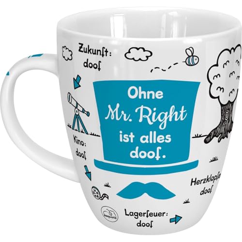 Sheepworld Taza con texto en alemán Ohne Mr Right ist alles doof | Porcelana 45 cl | Taza para café y té, taza con frase, boda | 46511