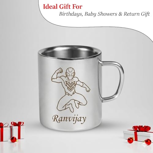 Image of SAVRI Personalized Stainless Steel Mug for Kids with Customized Name Engraved & Cartoon Design | 220 ml Double Wall Insulated Mug for School, Milk, Juice & Water (Spiderman)