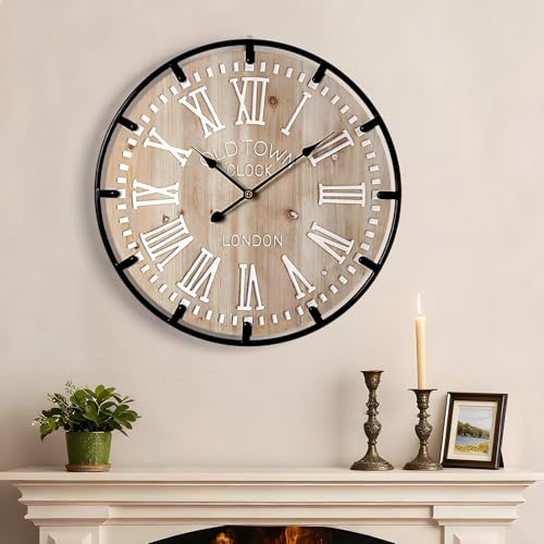 Vantic Farmhouse 24 Inch Extra Large Decorative Wall Clock with Metal Circle, Oversized Wood Wall Clock with Large Roman Numeral for Living Room, Bedrooms and Offices, Silent and Battery Operated