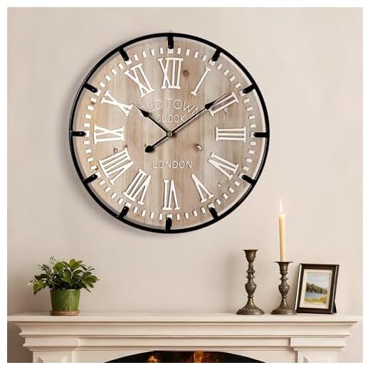 Vantic Farmhouse 24 Inch Extra Large Decorative Wall Clock with Metal Circle, Oversized Wood Wall Clock with Large Roman Numeral for Living Room, Bedrooms and Offices, Silent and Battery Operated