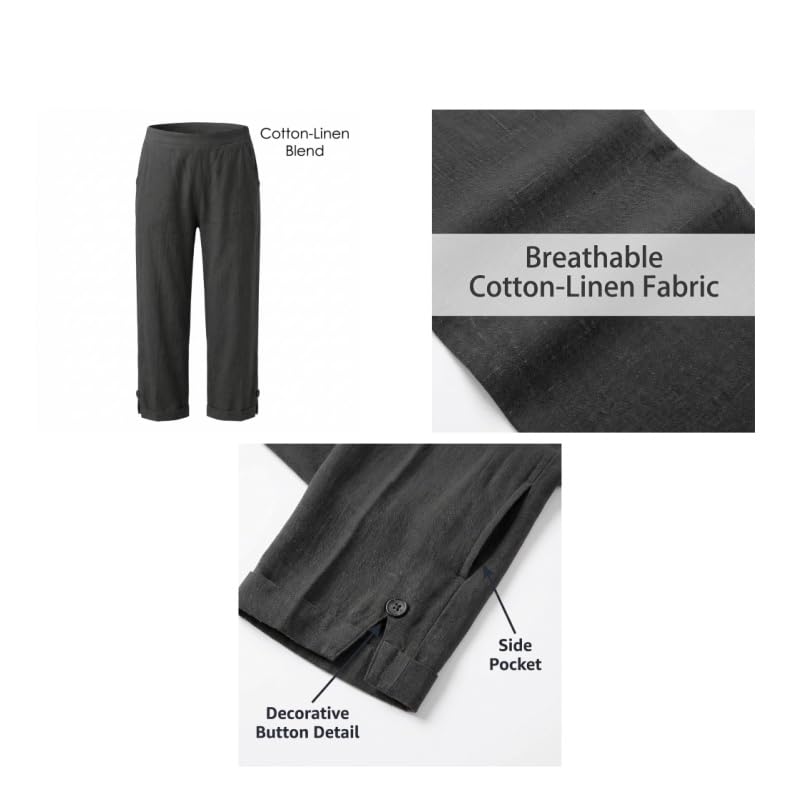 Image of Linen Pants Women 2026 Summer Beach Vacation Trousers Elastic Waist Linen Capris Pants Boho Casual Travel Pant
