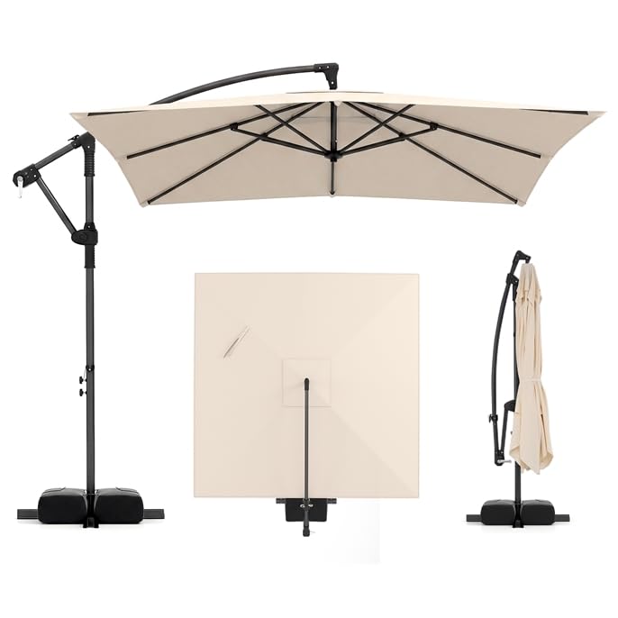 COSTWAY Sombrilla Terraza Exterior con Base, Parasol Excentrico con 8 Varillas de Metal, Rotación de 360°, Manivela, Base en Cruz y Sacos de Arena,Sombrilla Jardín Grande (250 x 250 cm（sin Luz）,Beige)