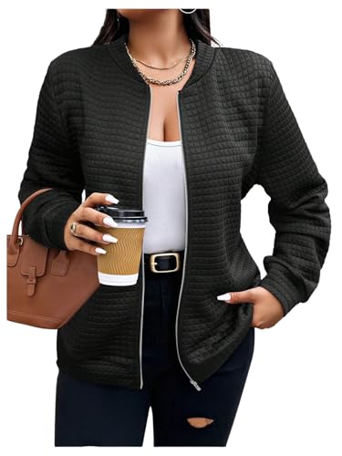 WDIRARA Women's Plus Size Zip Up Jacket Textured Long Sleeve Baseball Collar Outerwear