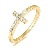 FORUYIJI 14K Gold Dainty Rings - Cubic Zirconia Cross Rings for Women - Non Tarnish - Sizes 5-9