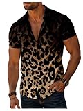 Verdusa Men's Leopard Print Button Down Shirt Short Sleeve Collar V Neck Casual Shirts Leopard Brown Small